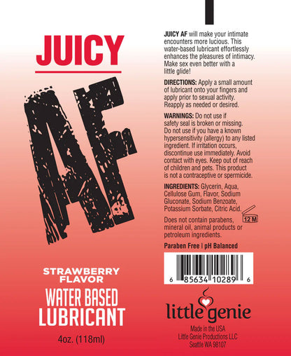 Back label of Juicy AF water-based lubricant packaging with branding and product details.
