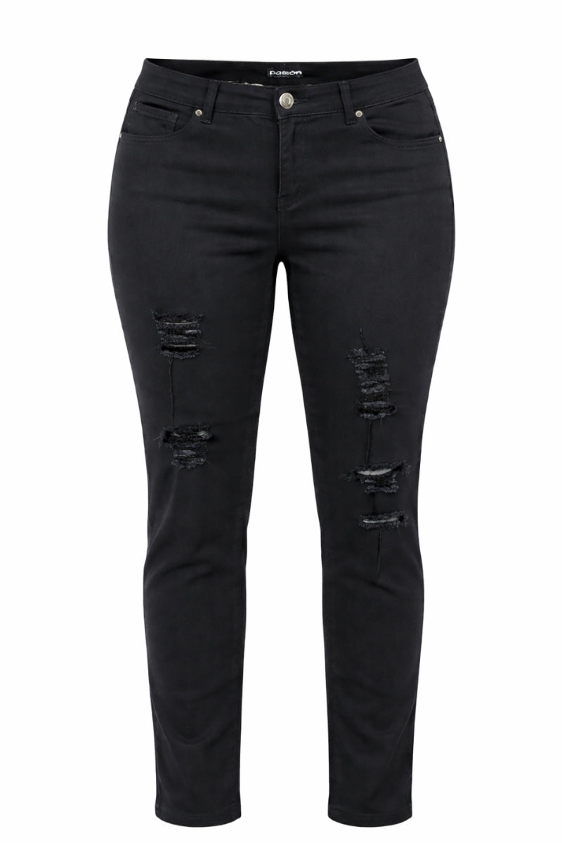 Black distressed jeans on a white background
