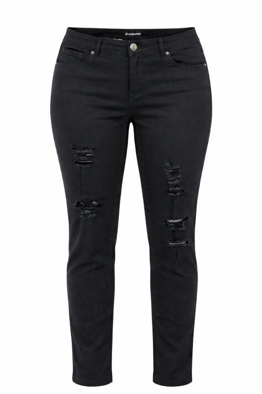 Black distressed jeans on a white background