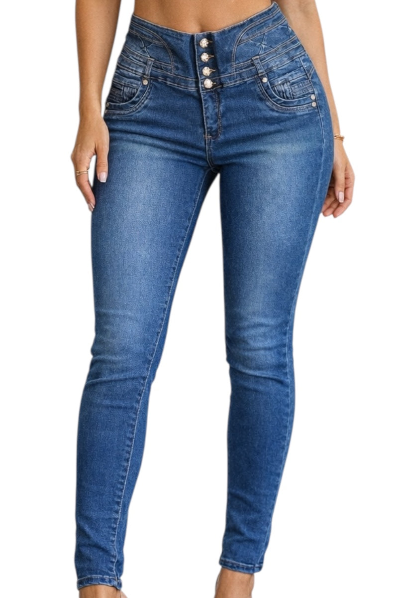 Blue jeans with a high waist and button details on a white background