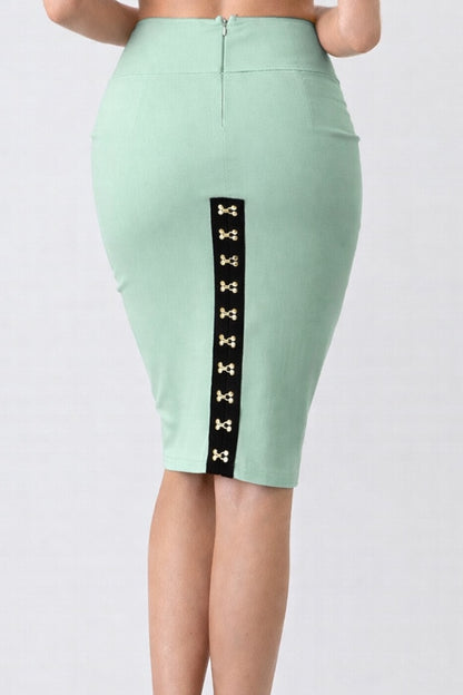 Mint green pencil skirt with black and white patterned side panels on a plain background