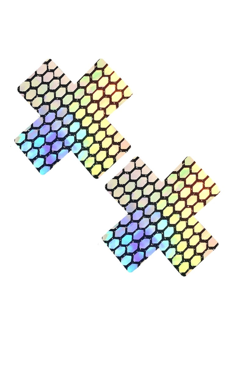Two colorful honeycomb patterned pasties on a white background