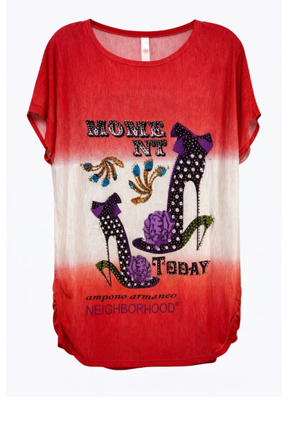 Red and white gradient t-shirt with high-heeled shoe design and text on a white background