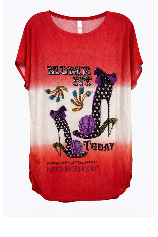 Red and white gradient t-shirt with high-heeled shoe design and text on a white background