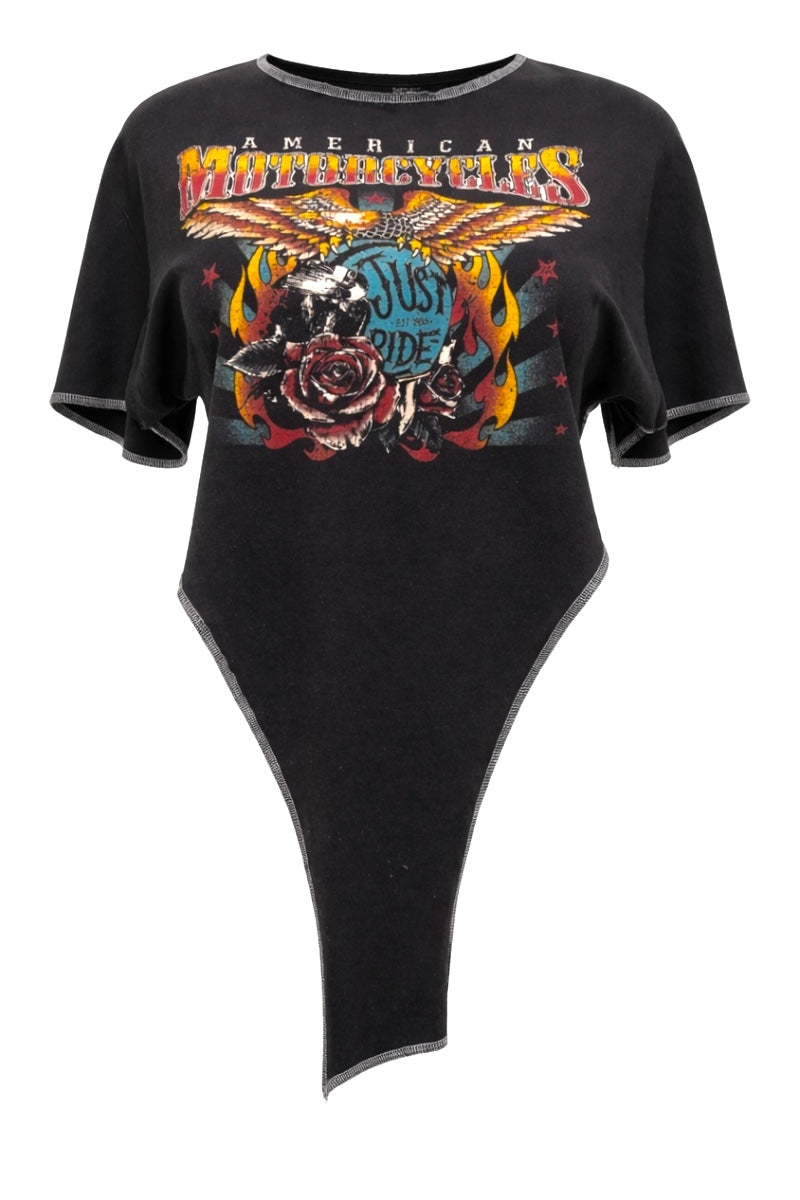 Black t-shirt with colorful graphic design on a white background