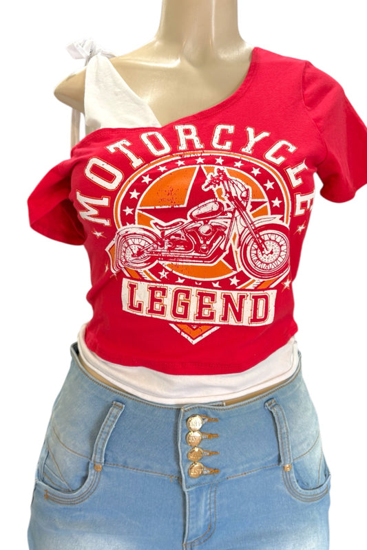 Red t-shirt with 'Motorcycle Legend' design on a mannequin