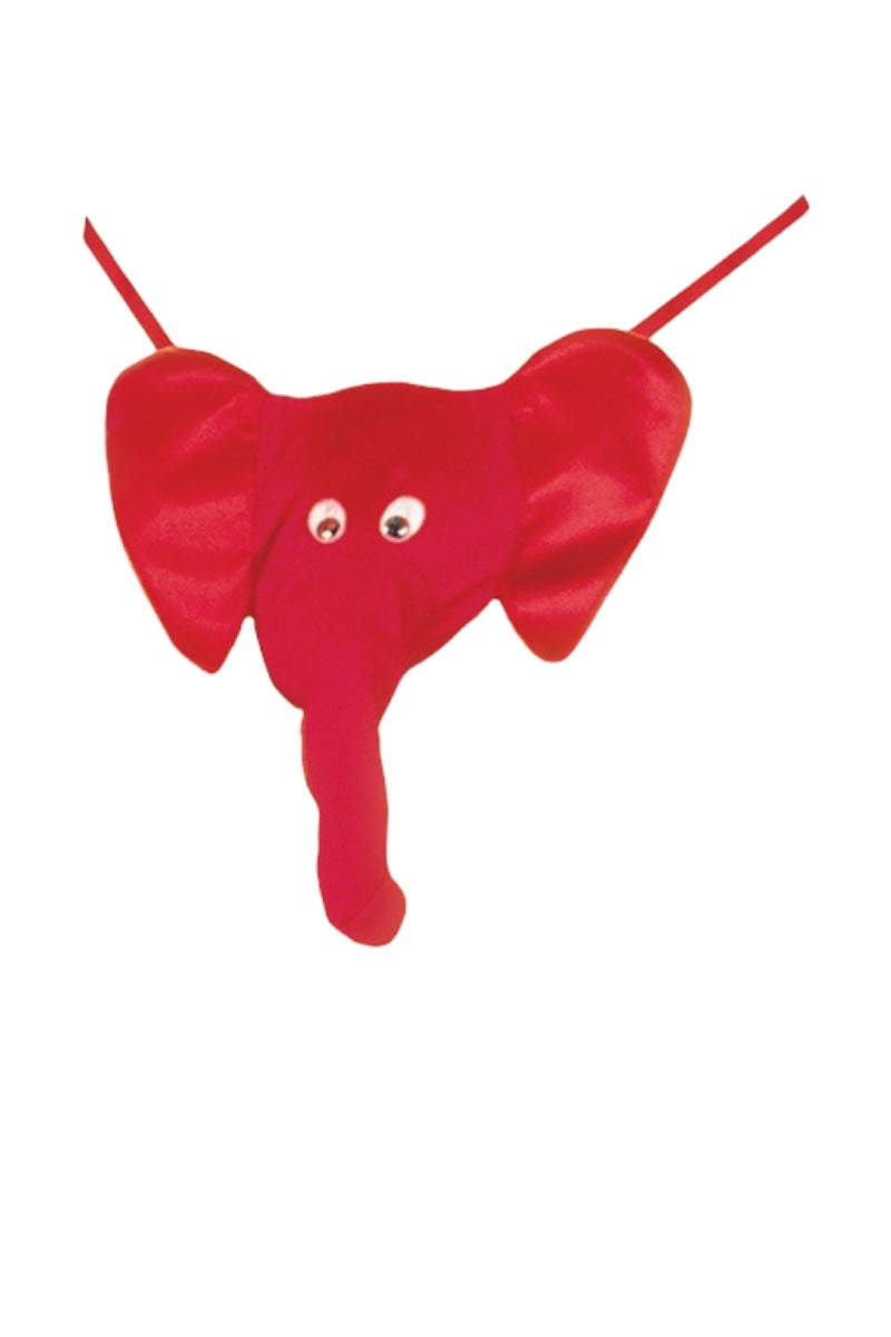 Red elephant-shaped object with googly eyes on a white background