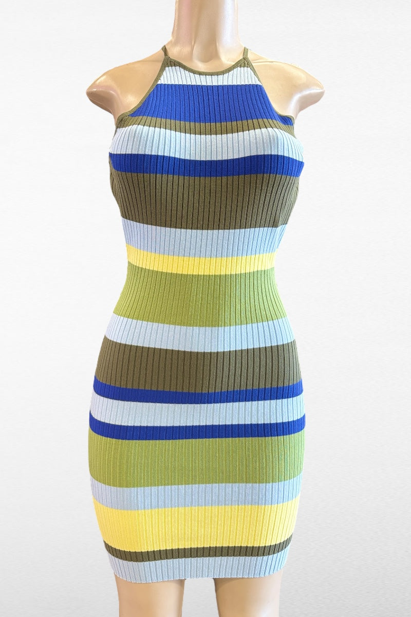 Multicolor Striped Open Back Ribbed Dress