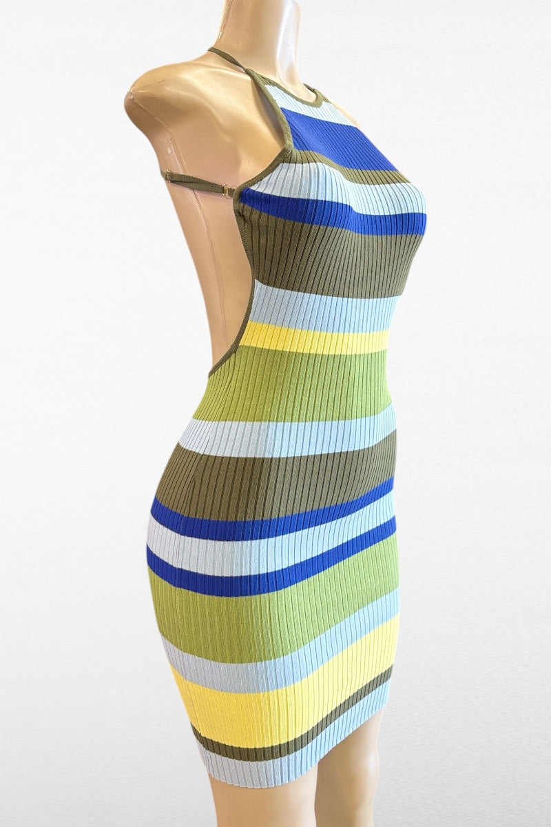 Multicolor Striped Open Back Ribbed Dress