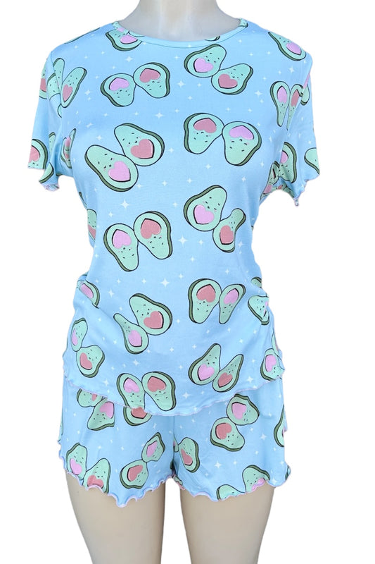 Light blue romper with avocado pattern on a mannequin