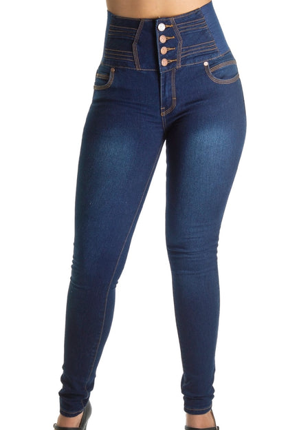 Blue jeans with a high waistband on a white background