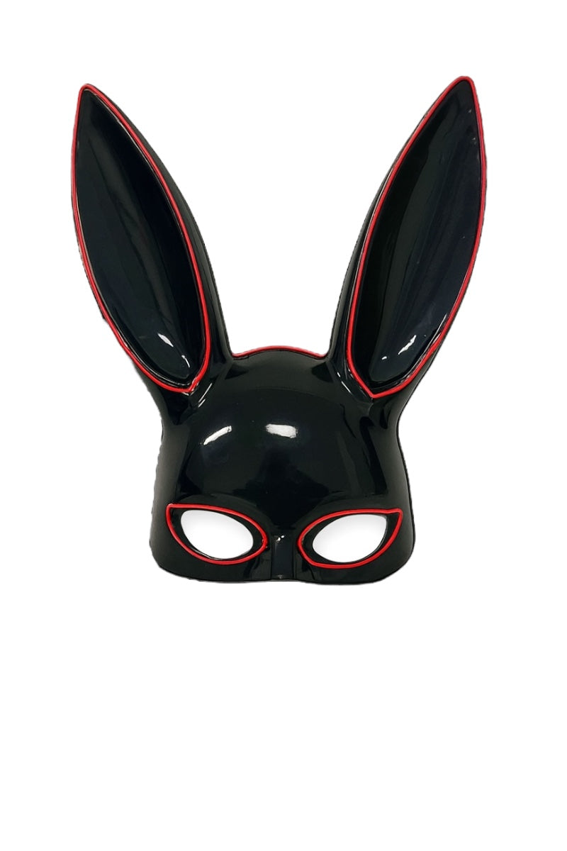 Black bunny mask with red accents on a white background