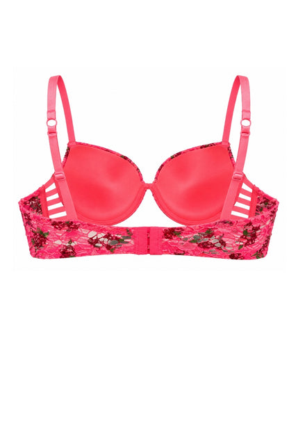 A bright pink seamless bra with floral lace trim on the underband and side straps, shown against a plain white background.