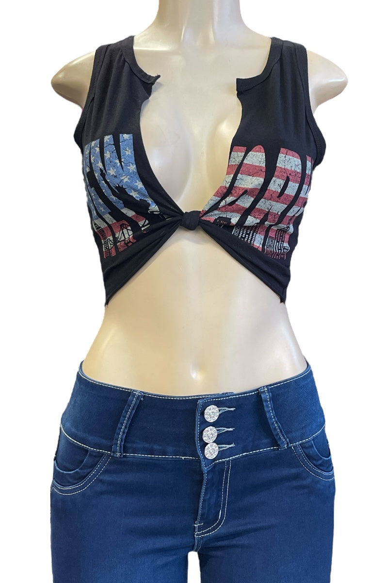 New York Flag Print Knot Crop Top