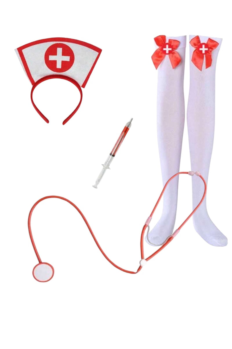 A nurse costume accessory set featuring a red and white nurse hat headband, a red and white syringe prop, a red stethoscope, and a pair of white thigh-high stockings with red bows and white crosses at the top.