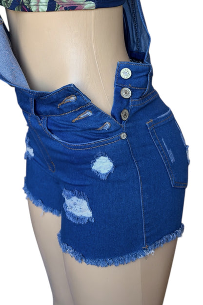 Blue denim shorts on a mannequin with a white background