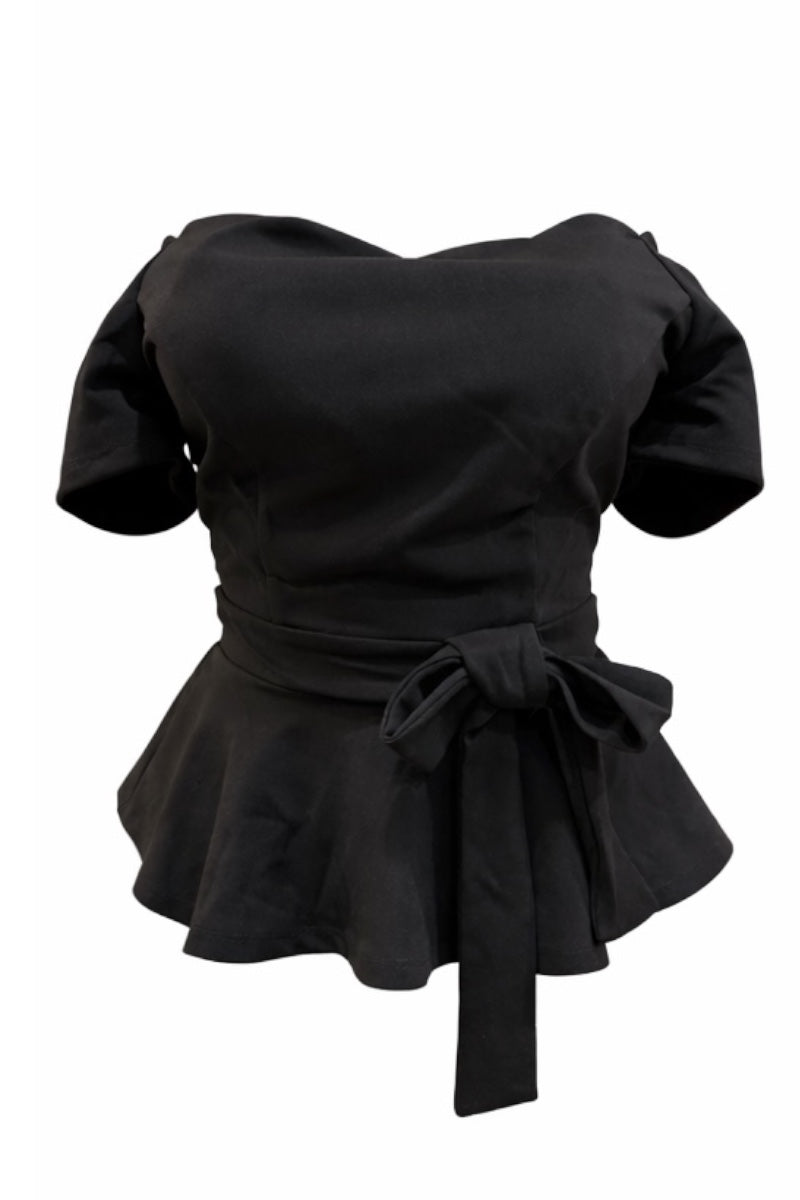 Black peplum top with a belt on a white background
