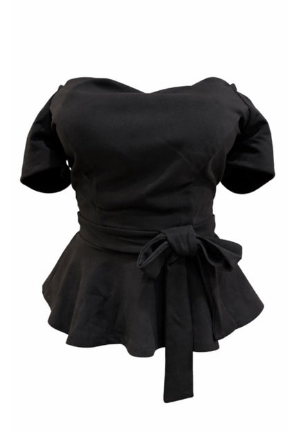 Black peplum top with a belt on a white background