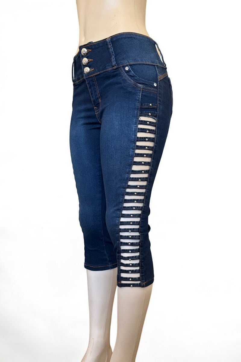 Open Ladder Studded Capri Jeans #3397