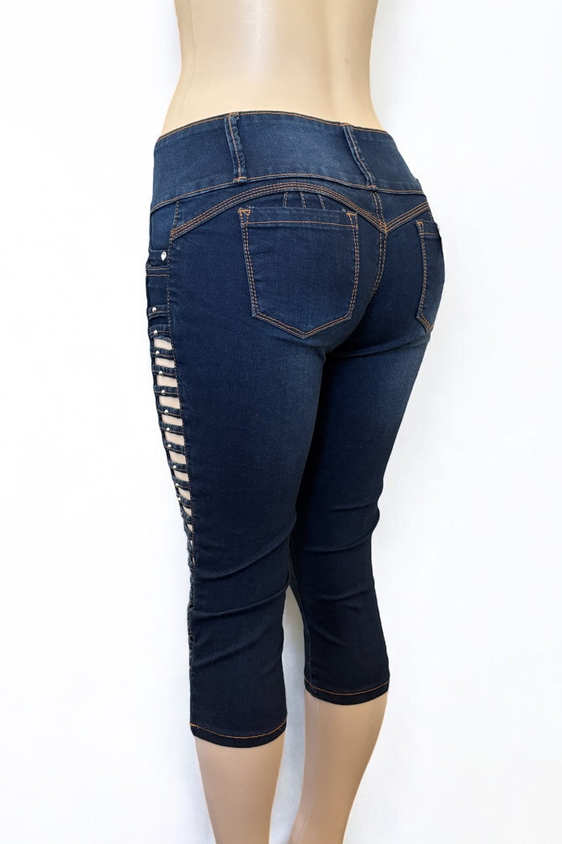 Open Ladder Studded Capri Jeans #3397