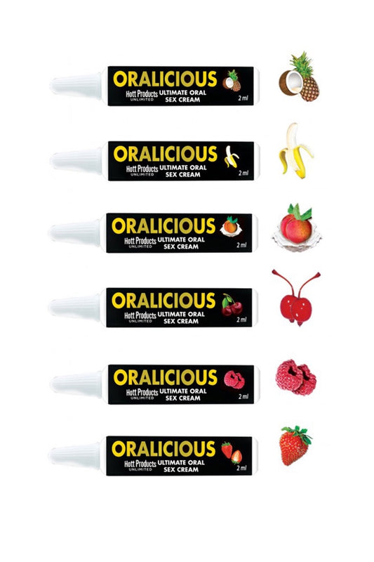 Multiple tubes of Oralicious cream with flavor indicators on a white background