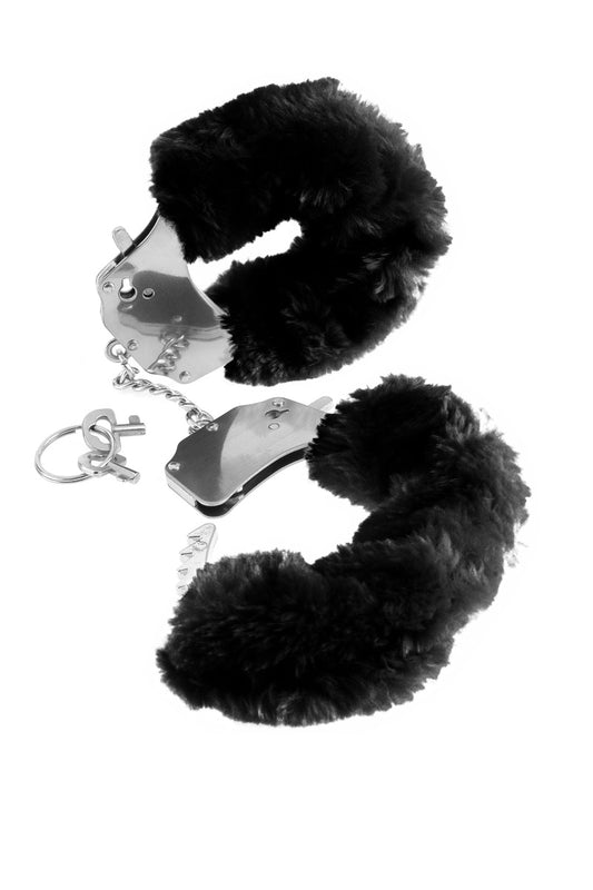 Black furry handcuffs with silver clamps on a white background