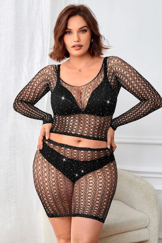 Rhinestone Crochet Net Long Sleeve Set