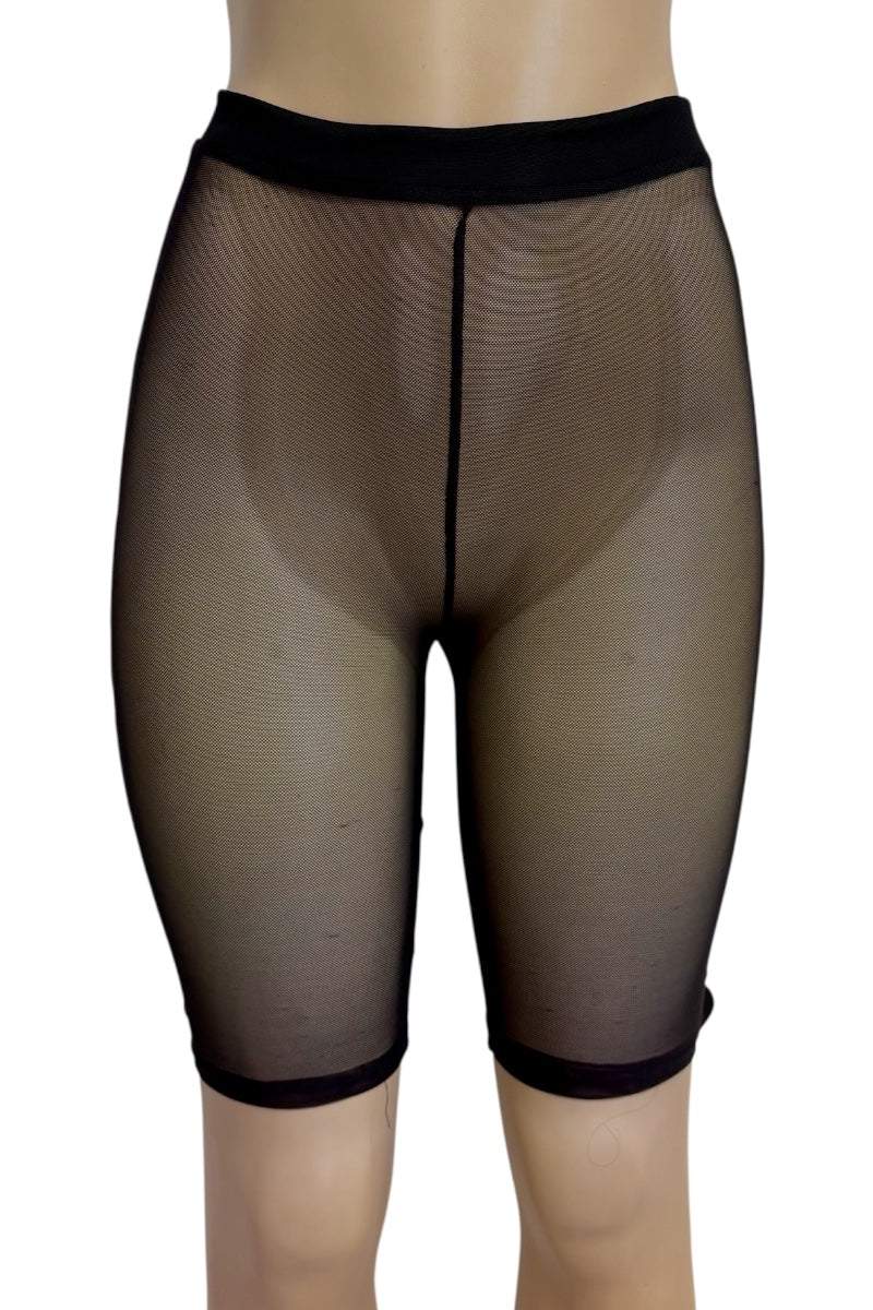 Black sheer mesh shorts with a solid black waistband and leg cuffs, shown on a mannequin lower body against a white background.