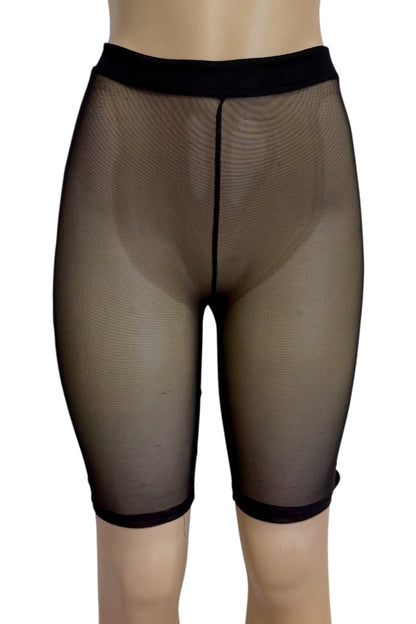 Black sheer mesh shorts with a solid black waistband and leg cuffs, shown on a mannequin lower body against a white background.