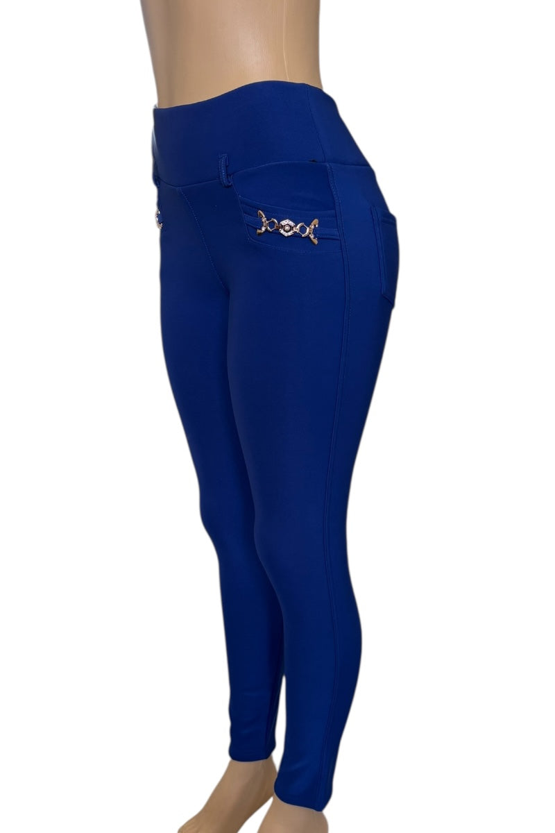 Blue leggings with a decorative pocket on a white background