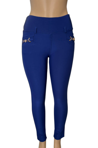 Blue leggings with gold embellishments on a white background