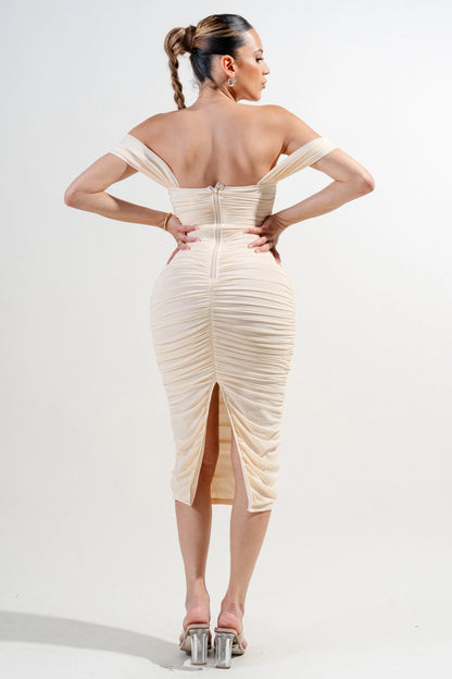 Luxe Glitter Mesh Off Shoulder Ruched Midi Dress #PD77959N