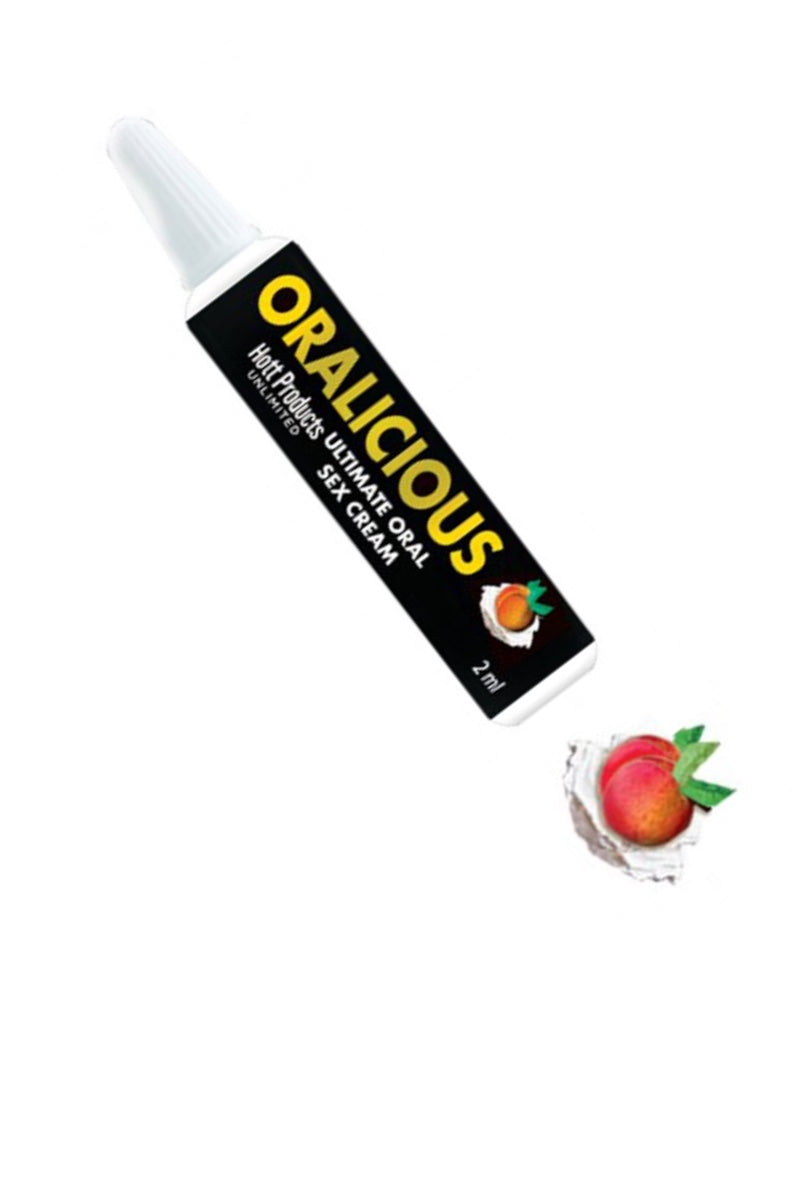 Tube of 'Oralicious' cream with a peach flavor on a white background