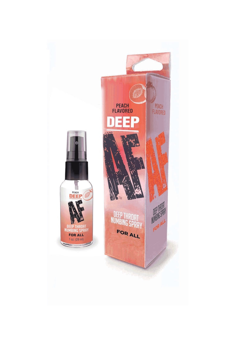 A bottle of AF Deep Peach Flavored numbing Spray next to its retail packaging box, both featuring a peach-to-pink gradient design with bold black and white lettering.