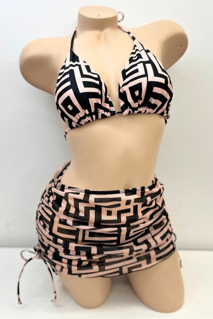 Greek Print Bikini Set With Sarong
