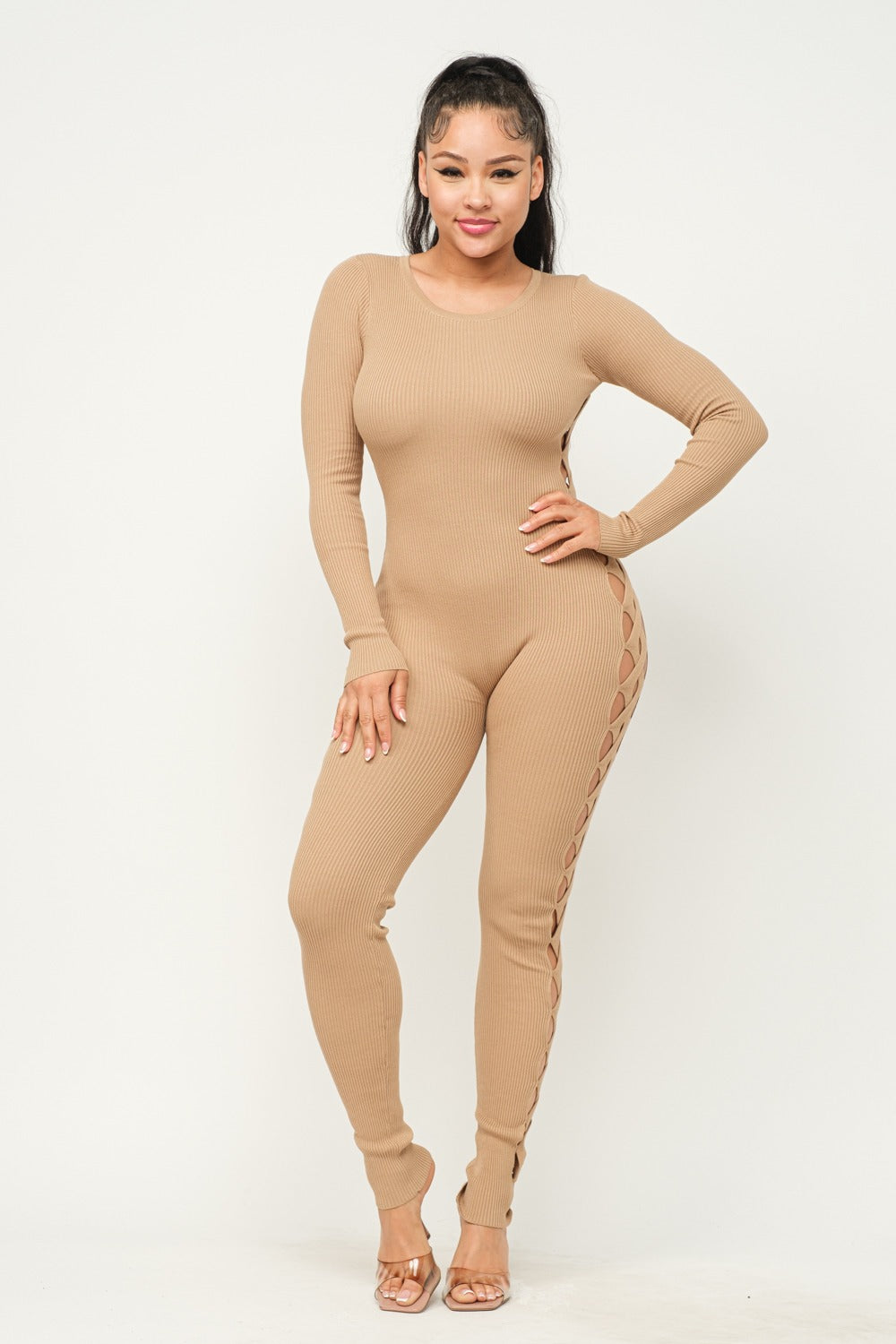 Long Sleeve Cutout Ribbed Catsuit in milk coffee color