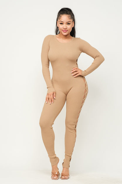 Long Sleeve Cutout Ribbed Catsuit in milk coffee color