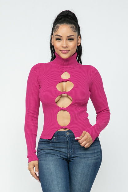 Open Front Turtle Neck Ribbed Top 