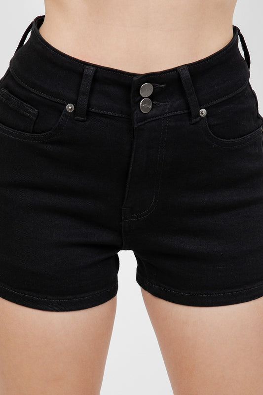 Black denim shorts with button details on a plain background