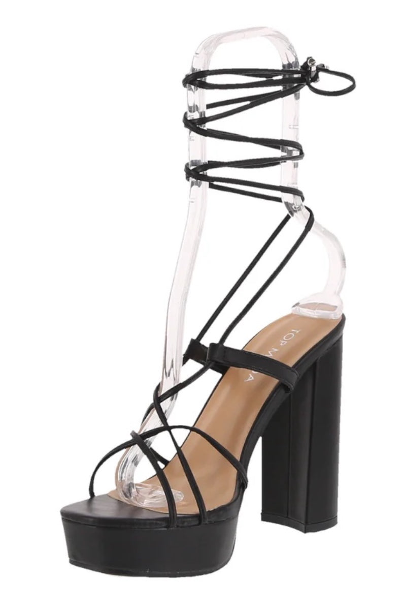 PU Strappy Lace Up Platform Block Heels