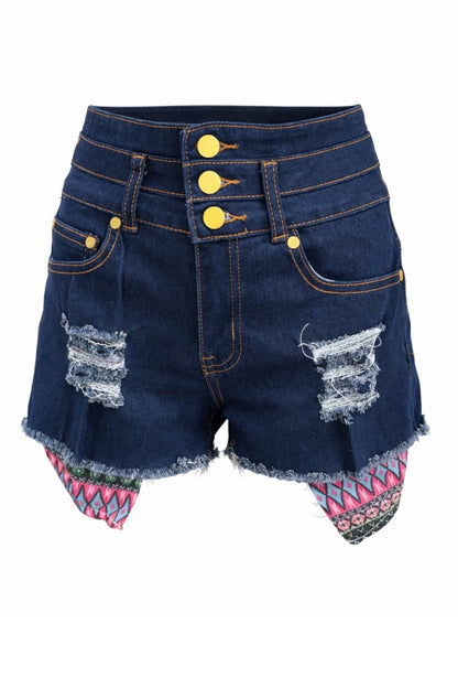 Denim shorts with colorful hem on a white background