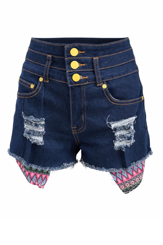 Denim shorts with colorful hem on a white background