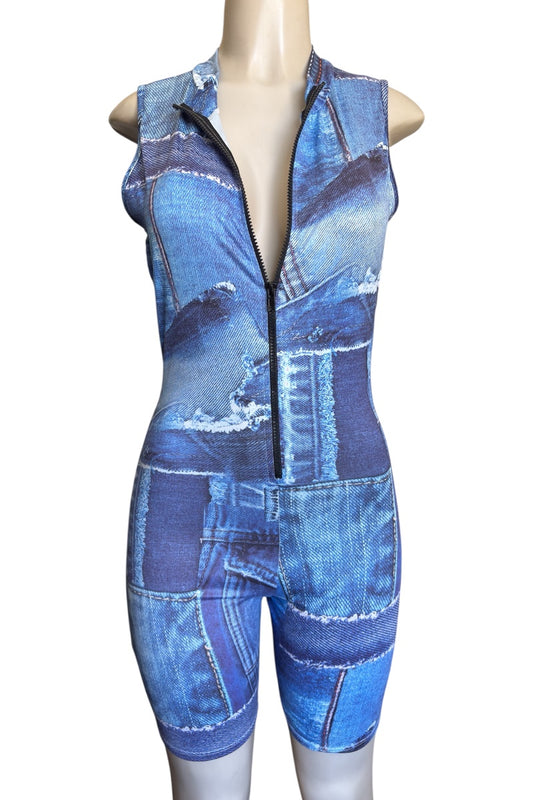 Blue denim patterned sleeveless romper on a mannequin against a white background