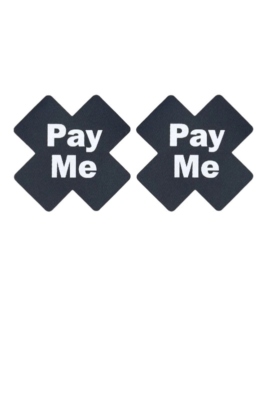 Two black stickers with 'Pay Me' text on a white background