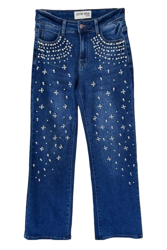 Blue jeans with decorative studs on a white background