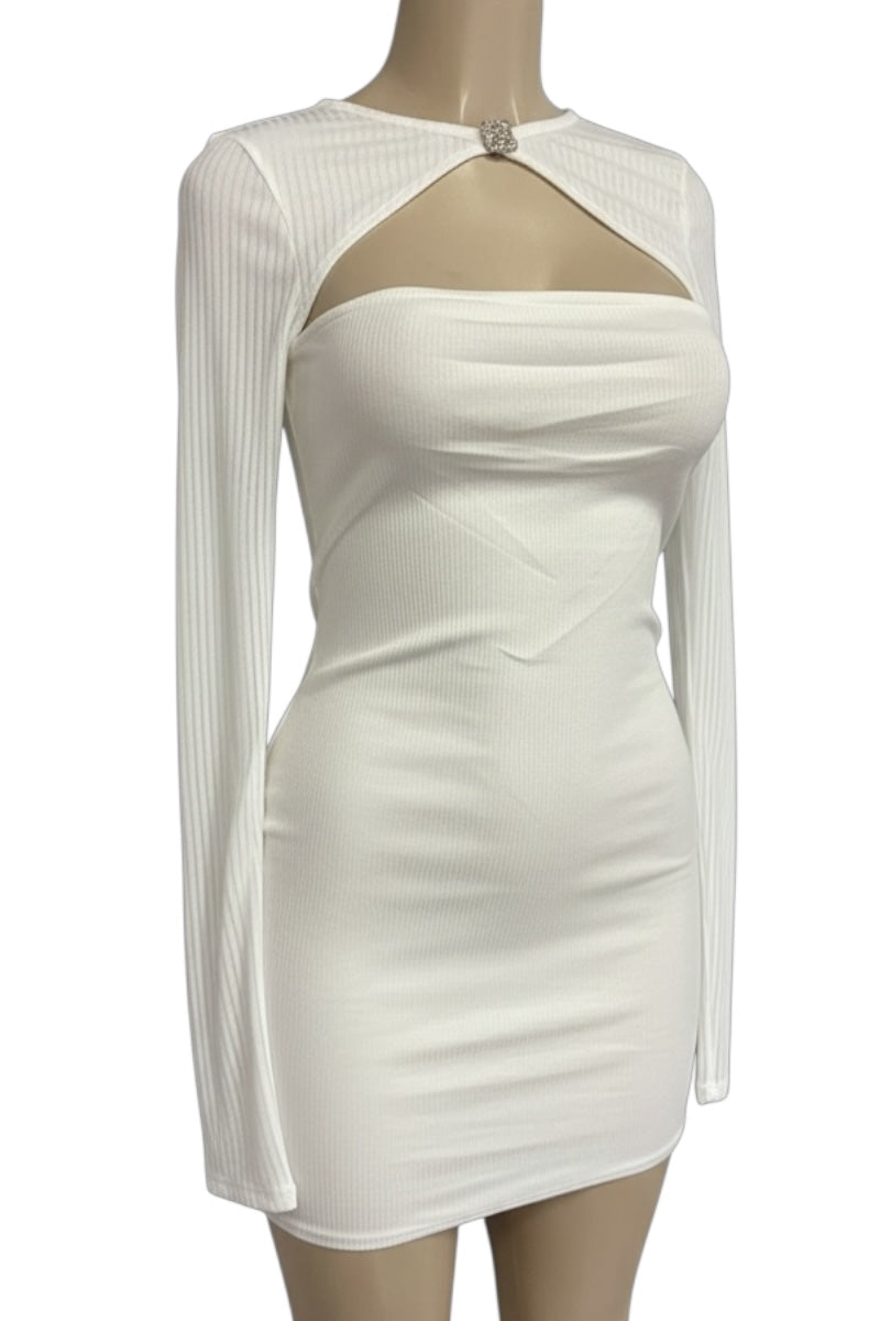White dress with sheer sleeves on a mannequin against a white background