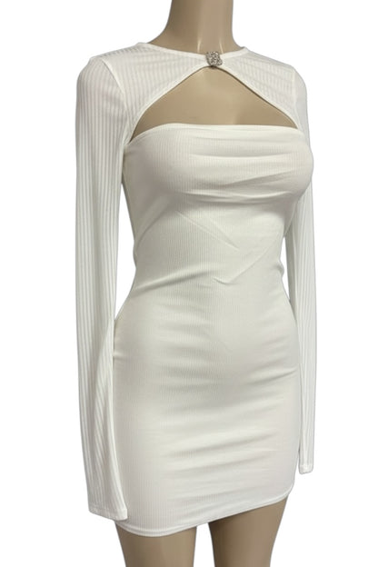 White dress with sheer sleeves on a mannequin against a white background