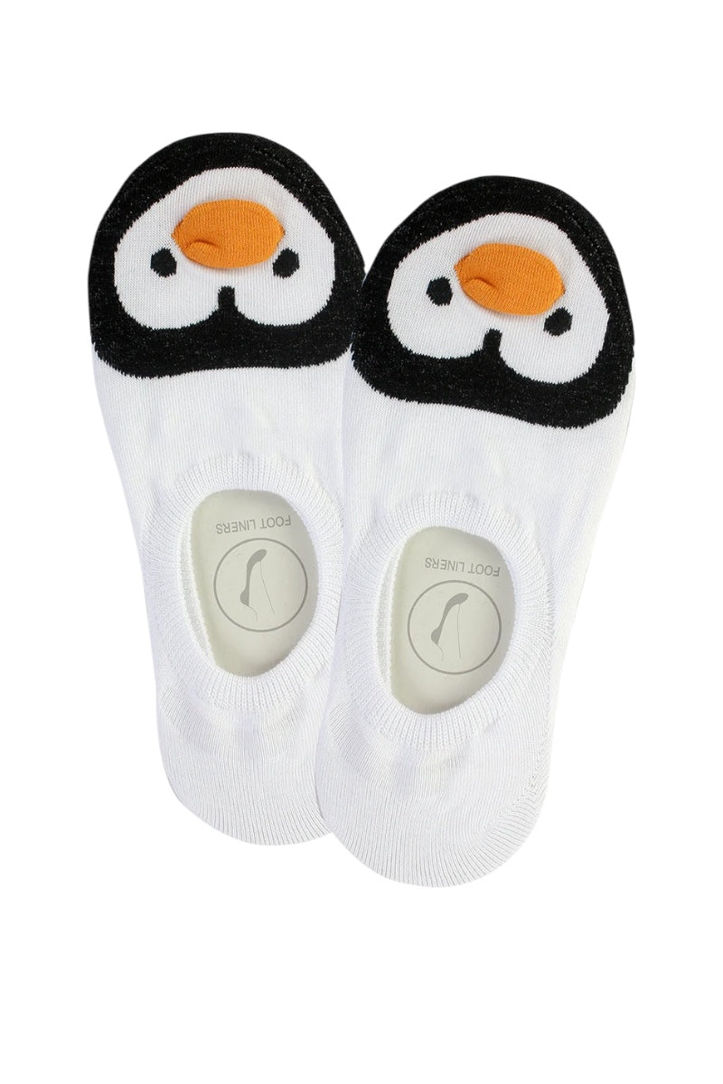 Pair of penguin-themed socks on a white background