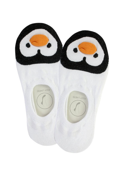 Pair of penguin-themed socks on a white background