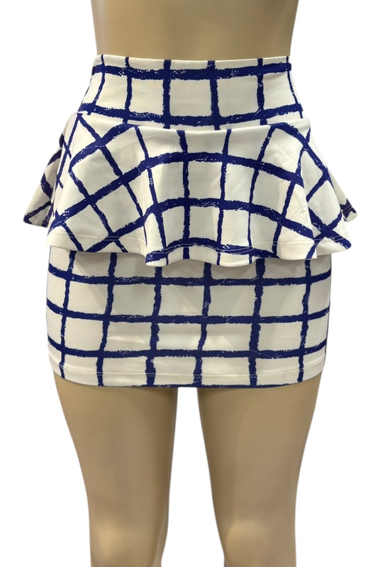 White skirt with blue grid pattern on a mannequin against a white background